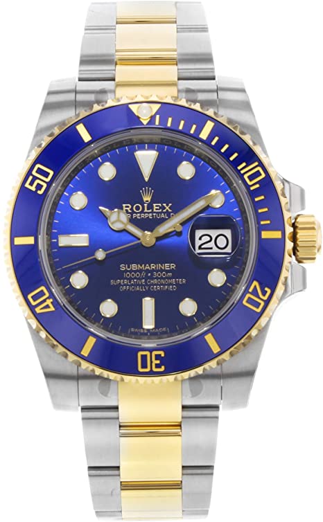 Rolex Submariner Cadran bleu en acier inoxydable et bracelet en or jaune 18 carats Montre automatique pour homme 116613BLSO